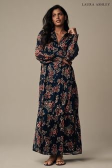 Laura Ashley Navy Tuttington Floral Chiffon Ruffle Shirt Maxi Dress (N46185) | $117