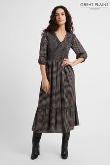 Great Plains Weiches, gesmoktes, kariertes Kleid mit V-Ausschnitt (N46466) | 57 €