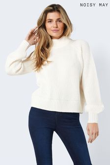 NOISY MAY White High Neck Jumper with Puff Sleeves (N46626) | $45