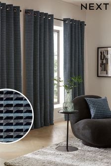 Navy Blue Geometric Chenille Eyelet Lined Curtains (N46878) | €76 - €203