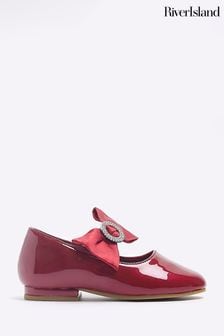 River Island Red Girls Patent Satin Bow Diamonte Shoes (N47168) | €13