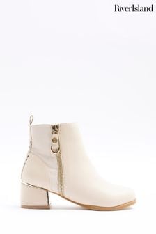 River Island Cream Girls Side Zip Mix Heeled Boots (N47189) | ₪ 161