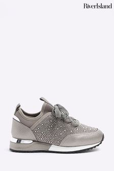 River Island Grey Girls Diamonte Runner Trainers (N47214) | €20