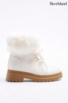 River Island Cream Faux Fur Lace Up Hiker Girls Boots (N47251) | HK$360