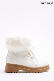 River Island Cream Girls Wide Fit Faux Fur Lace Up Hiker Boots (N47252) | ￥6,170