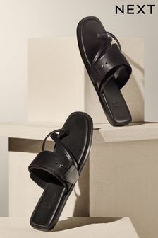 Black Premium Leather Forever Comfort® Cross Toe Post Sandals (N47389) | €49