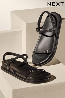 Black Premium Leather Thin Strap Footbed Sandals (N47391) | HK$501