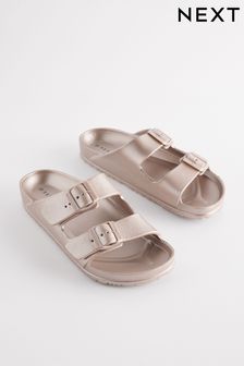 Rose Gold EVA Double Strap Flat Slider Sandals With Adjustable Buckles (N47448) | €20