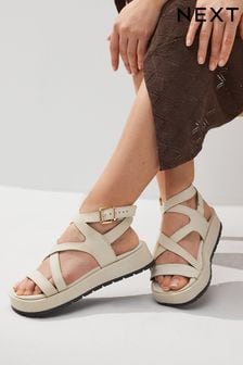 Bone White Forever Comfort® Leather Strappy Flatform Sandals (N47462) | $64