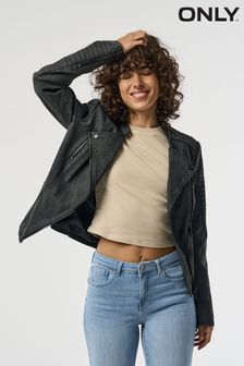 ONLY Collarless Faux Leather Biker Jacket