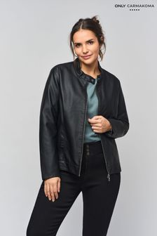 ONLY Curve Black Collarless Faux Leather Biker Jacket (N47936) | 306 SAR