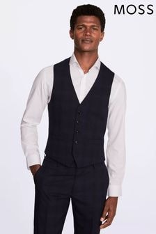 MOSS Navy Blue Slim Fit Check Waistcoat (N48183) | $154