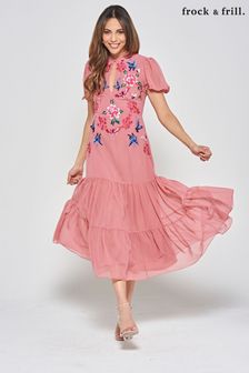 Różowa haftowana sukienka midi Frock And Frill (N48207) | 520 zł
