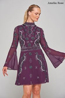 Robe mi-longue Amelia Rose violette ornée (N48208) | €97