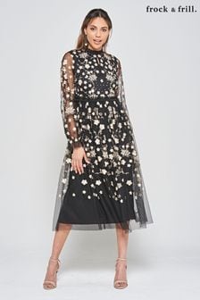 Frock and Frill Embroidered Midi Black Dress (N48218) | SGD 339