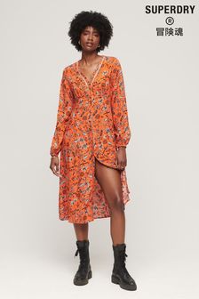 Superdry Orange Printed V-Neck Midi Tea Dress (N48977) | €37