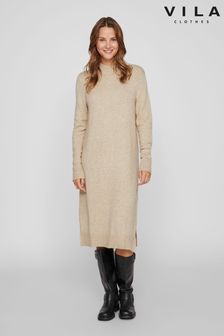 VILA Cream High Neck Knitted Midi Dress (N49245) | SGD 65
