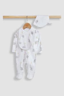JoJo Maman Bébé White 3-Pack Sleepsuit, Hat & Bib Set (N49429) | 146 QAR