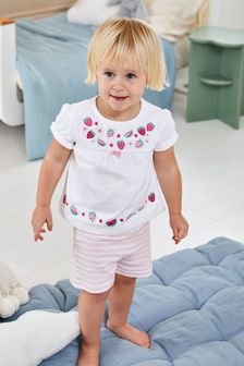 JoJo Maman Bébé White Strawberry Embroidered Jersey Pyjamas (N49454) | AED105