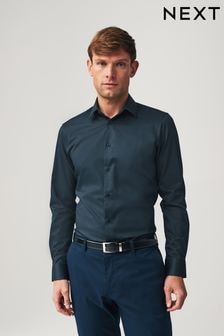 Navy Blue Slim Fit Easy Care Textured Single Cuff Shirt (N49527) | $40