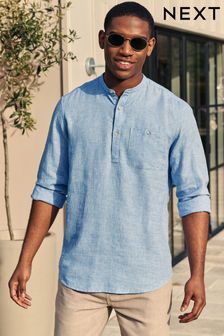 Blue Overhead Linen Blend Long Sleeve Shirt (N49901) | LEI 199