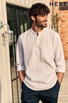 White Overhead Linen Blend Long Sleeve Shirt (N49902) | kr490