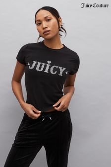 Juicy Couture oprijeta črna majica s kratkimi rokavi in diamantnim potiskom blagovne znamke (N50219) | €46
