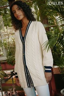 Joules Game Point Cream/Navy Button Through Longline Cable Knit Cardigan (N50239) | DKK705