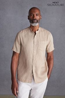 Neutral Grandad Collar Signature 100% Linen Short Sleeve Shirt (N50265) | SGD 67