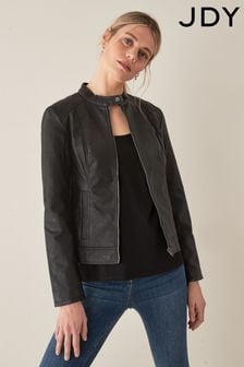 JDY Black Faux Leather Collarless Jacket (N50427) | AED166