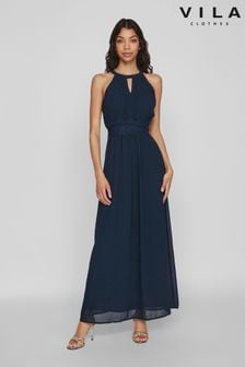 VILA Blue Halter Neck Tulle Maxi Dress (N50481) | 297 QAR