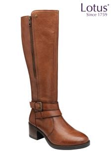 Lotus Brown Leather Knee High Boots (N50846) | OMR51