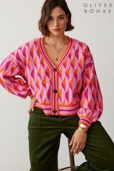 Oliver Bonas Pink Geometric Jacquard Knitted Cardigan (N51572) | $94