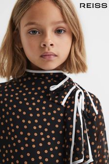 Reiss Black Kate Teen Polka Dot Tie Neck Mini Dress (N51684) | OMR53