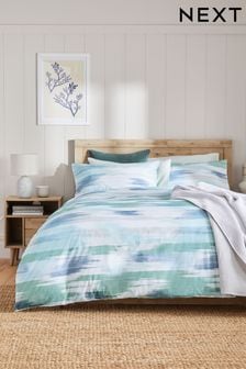 Green/ Blue Blurred Stripe 100% Cotton Reversible Duvet Cover and Pillowcase Set