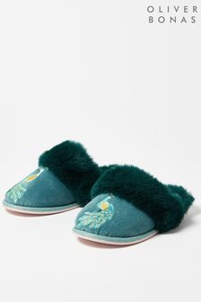 Oliver Bonas Green Peacock Embroidered Slippers and Drawstring Bag