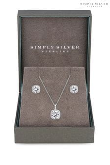 Simply Silver White Sterling Silver 925 Halo Square Solitaire Matching Jewellery Set - Gift Boxed (N51851) | €51