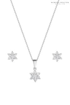 Simply Silver Sterling Silver Tone 925 White Cubic Zirconia Flower Matching Set - Gift Boxed (N52439) | $58
