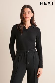 Black Long Sleeve Textured Collared Polo Shirt (N52453) | KRW48,500