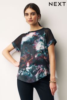 Blurred Floral Woven Mix Short Sleeve Raglan T-Shirt (N52454) | KRW48,500