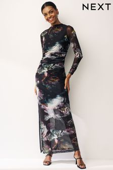 Blurred Floral Long Sleeve Ruched Mesh Midi Dress (N52461) | €46
