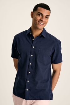 Joules Linen Blend Navy Blue Plain Short Sleeve Shirt (N52524) | €60