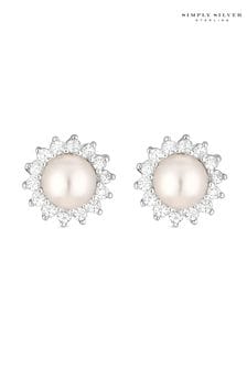 Simply Silver Sterling Silver Tone 925 Freshwater Pearl And Cubic Zirconia Halo Stud Earrings (N52736) | LEI 119