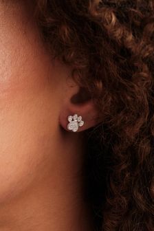 Simply Silver Tone 925 Cubic Zirconia Paw Print Stud Earrings