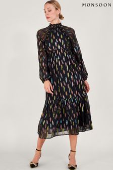 Monsoon Fenna Feather Print Black Dress (N53507) | €53
