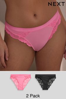 Bright Pink/Black High Leg Lace Trim Knickers 2 Pack (N53735) | SGD 31
