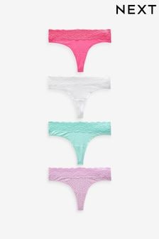 Pink/Purple/Green Spot Print Thong Cotton and Lace Knickers 4 Pack (N53767) | €20.50