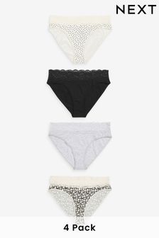 Black/Cream Print/Grey High Leg Cotton and Lace Knickers 4 Pack (N53801) | €24