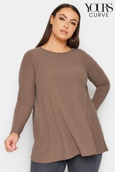 Brown - Yours Curve Long Sleeve Ribbed Swing T-shirt (N53822) | kr400