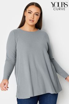Yours Curve Grey Long Sleeve Ribbed Swing T-Shirt (N53823) | 140 zł